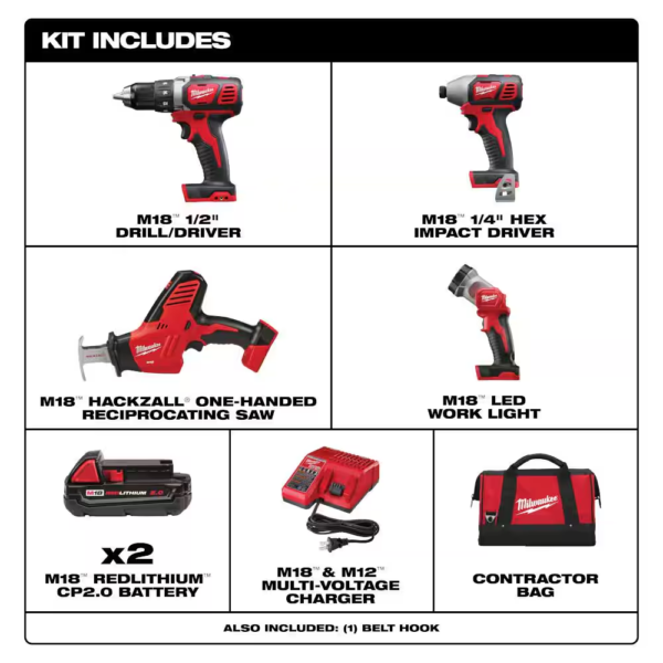 M18 18-Volt Lithium-Ion Cordless Combo Kit 4-Tool with Two 2.0 Ah Batteries, Charger and Tool Bag