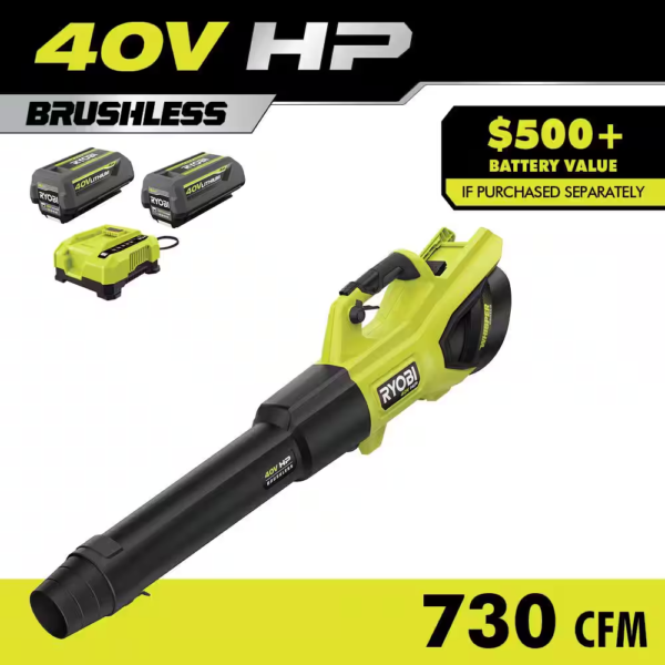 40V HP Brushless Whisper Series 190 MPH 730 CFM Cordless Battery Jet Fan Leaf Blower with (2) 4.0 Ah Batteries & Charger