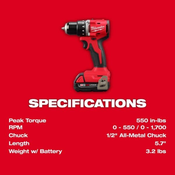 M18 18V Lithium-Ion Brushless Cordless 1/2 In. Compact Drill/Driver with One 2.0 Ah Battery, Charger and Tool Bag