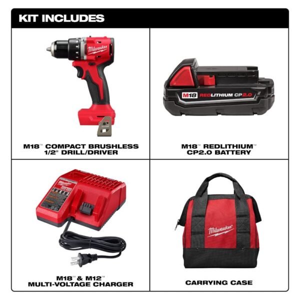 M18 18V Lithium-Ion Brushless Cordless 1/2 In. Compact Drill/Driver with One 2.0 Ah Battery, Charger and Tool Bag