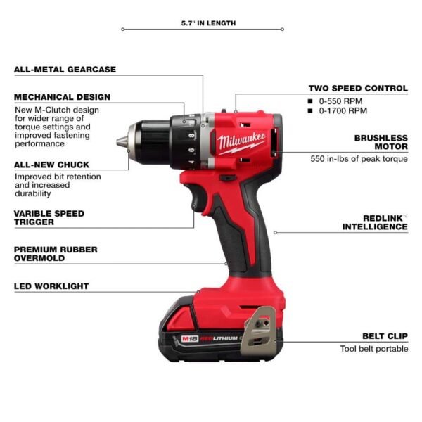 M18 18V Lithium-Ion Brushless Cordless 1/2 In. Compact Drill/Driver with One 2.0 Ah Battery, Charger and Tool Bag