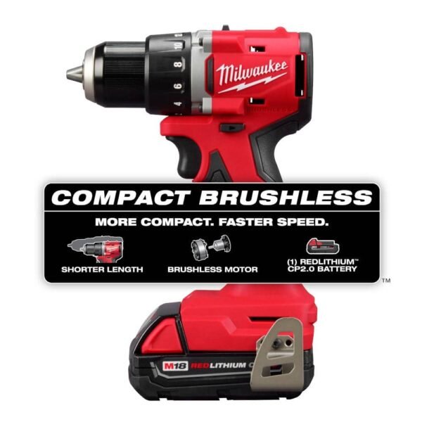 M18 18V Lithium-Ion Brushless Cordless 1/2 In. Compact Drill/Driver with One 2.0 Ah Battery, Charger and Tool Bag