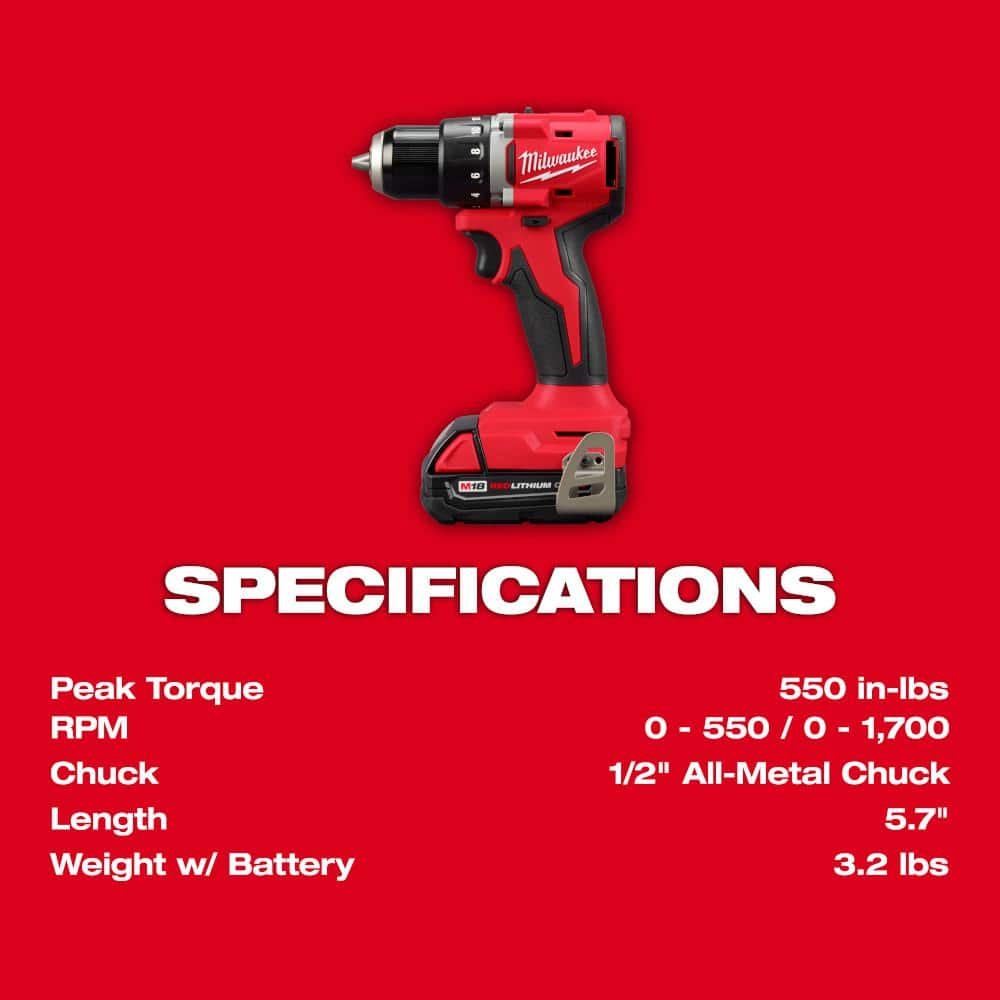 M18 18V Lithium-Ion Brushless Cordless 1/2 In. Compact Drill/Driver Kit with Two 2.0 Ah Batteries, Charger and Case
