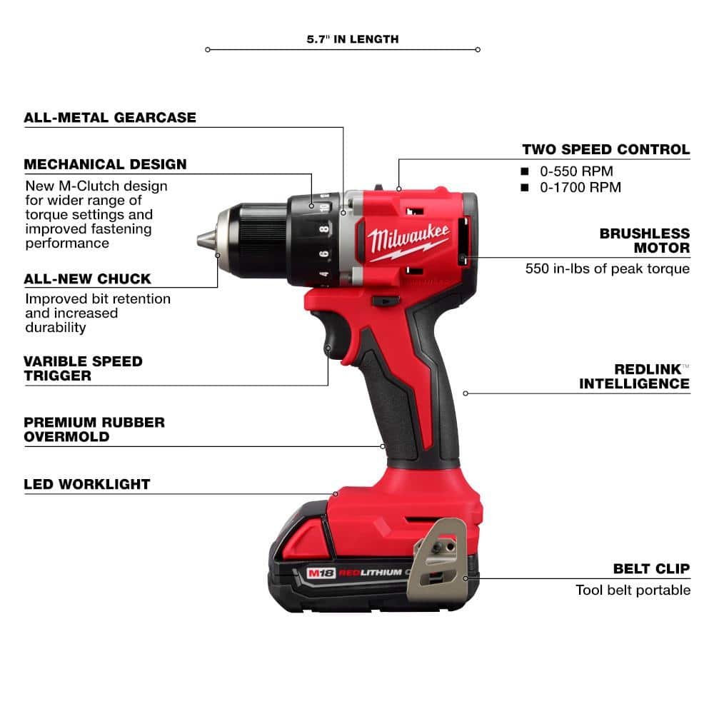 M18 18V Lithium-Ion Brushless Cordless 1/2 In. Compact Drill/Driver Kit with Two 2.0 Ah Batteries, Charger and Case