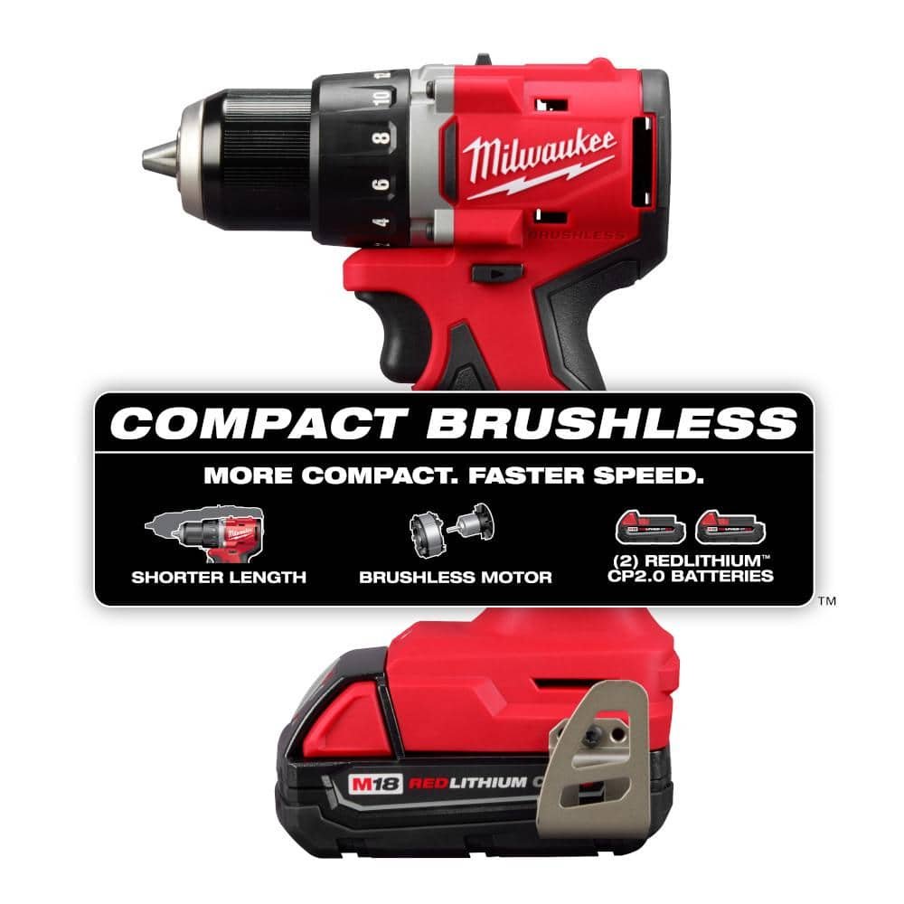 M18 18V Lithium-Ion Brushless Cordless 1/2 In. Compact Drill/Driver Kit with Two 2.0 Ah Batteries, Charger and Case