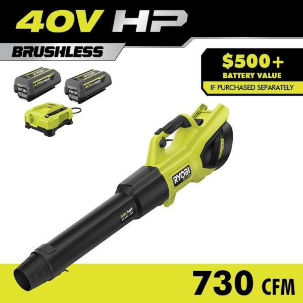 40V HP Brushless Whisper Series 190 MPH 730 CFM Cordless Battery Jet Fan Leaf Blower with (2) 4.0 Ah Batteries & Charger