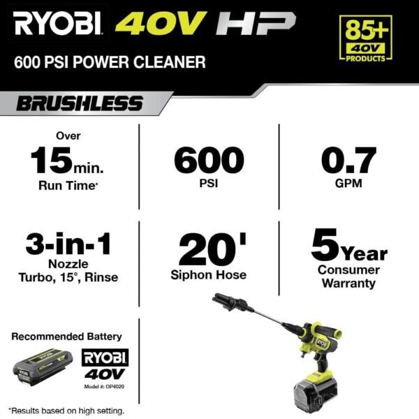 40V HP Brushless Ezclean 600 PSI 0.7 GPM Cordless Battery Cold Water Power Cleaner with 2.0 Ah Battery and Charger
