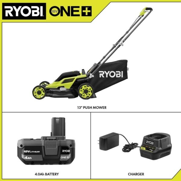 ONE+ 18V 13 In. Cordless Battery Walk behind Push Lawn Mower with 4.0 Ah Battery and Charger