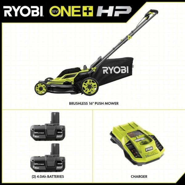 ONE+ HP 18V Brushless 16 In. Cordless Battery Walk behind Push Lawn Mower with (2) 4.0 Ah Batteries and (1) Charger