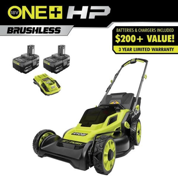 ONE+ HP 18V Brushless 16 In. Cordless Battery Walk behind Push Lawn Mower with (2) 4.0 Ah Batteries and (1) Charger