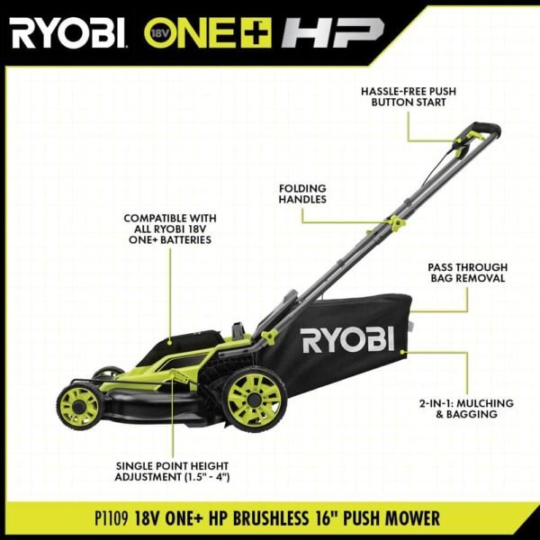 ONE+ HP 18V Brushless 16 In. Cordless Battery Walk behind Push Lawn Mower with (2) 4.0 Ah Batteries and (1) Charger